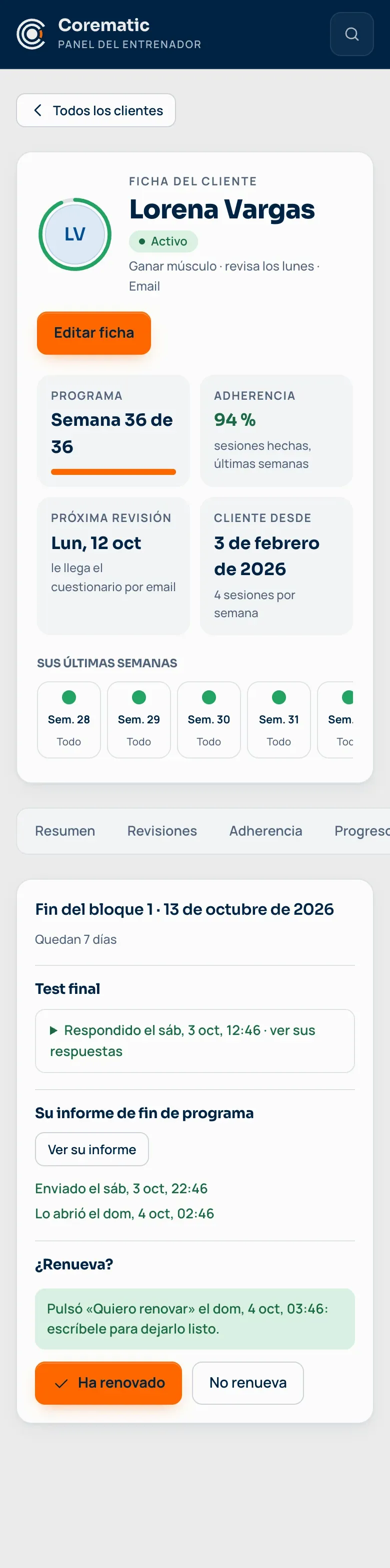 Fin de programa de una clienta en el móvil: test final respondido, informe abierto, «Quiero renovar» y los botones «Ha renovado» y «No renueva».
