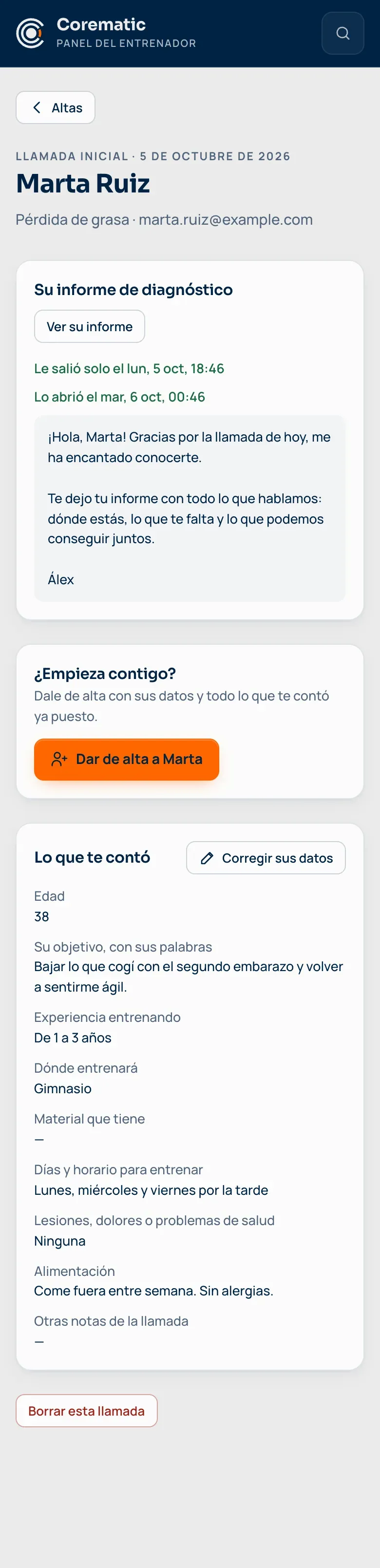 La ficha de la llamada con un interesado en el móvil: su informe de diagnóstico y el botón para darle de alta.