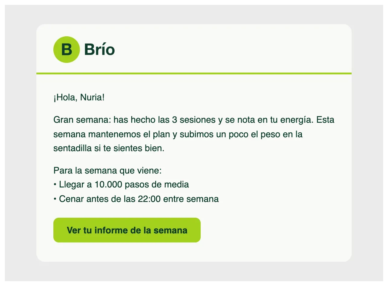 Email de la respuesta semanal con el logo y los colores de la marca de ejemplo, y el botón «Ver tu informe de la semana».