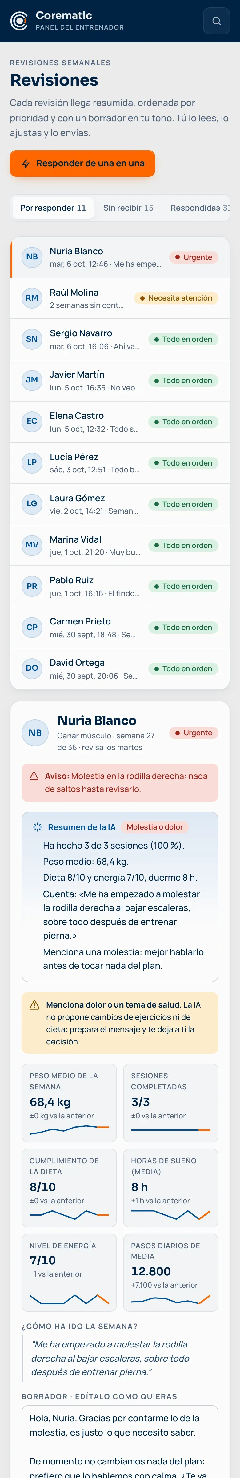Revisiones por responder en el móvil, ordenadas por prioridad, con la primera abierta.