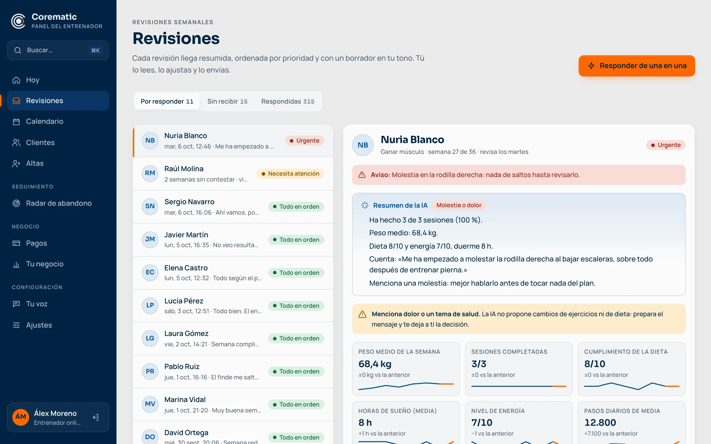 Lista de revisiones por responder ordenadas por prioridad: urgente, necesita atención y todo en orden.